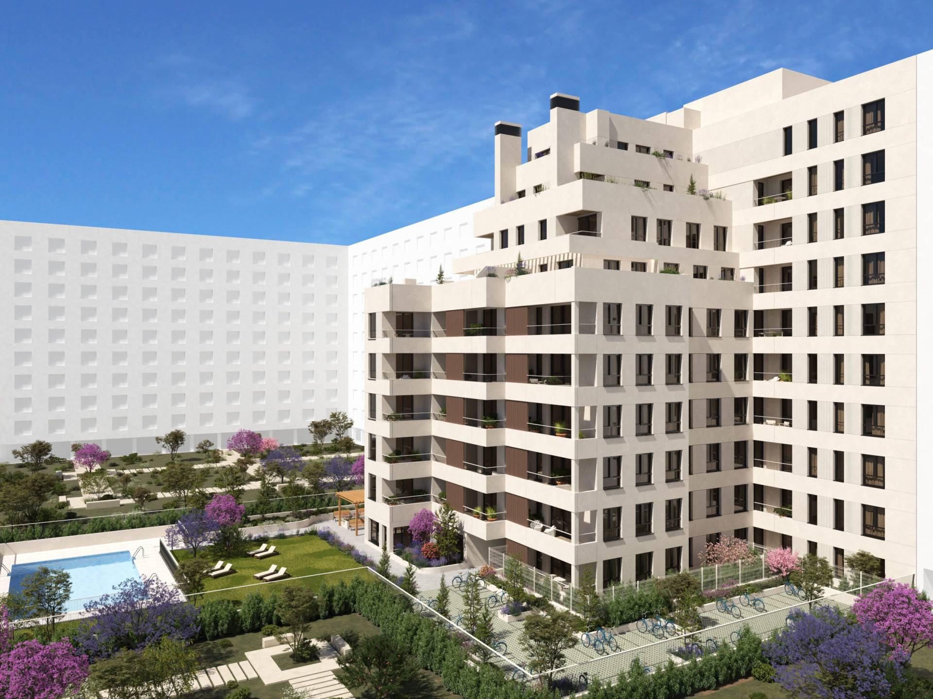 Fachada del Residencial Corvus de IBOSA, promoción de obra nueva en Madrid