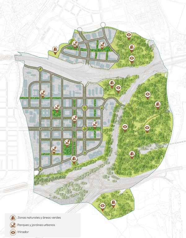 Mapa de las zonas verdes en Los Cerros, Madrid