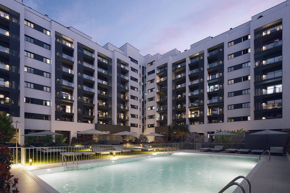 Fachada de Residencial Alyssa, un proyecto de viviendas de 1, 2 y 3 dormitorios de Metrovacesa en Los Cerros, Madrid