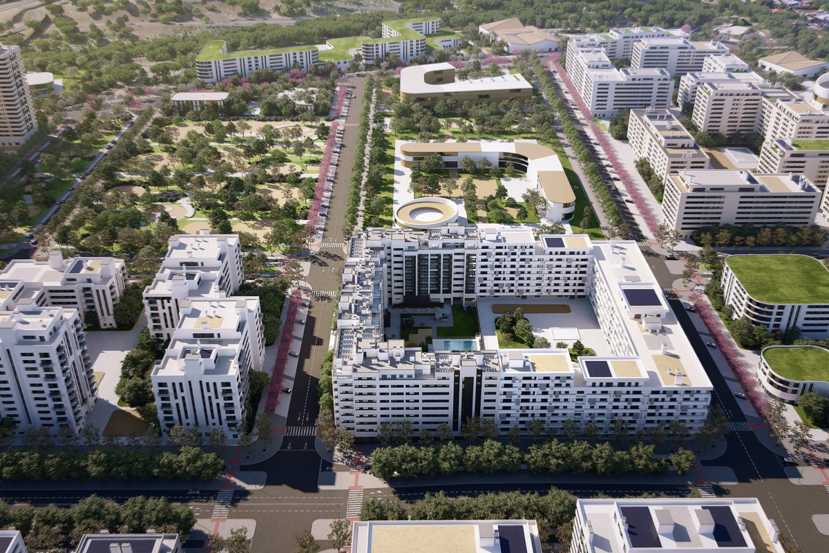 Vista aérea de Residencial Alyssa, un proyecto de viviendas de 1, 2 y 3 dormitorios de Metrovacesa en Los Cerros, Madrid