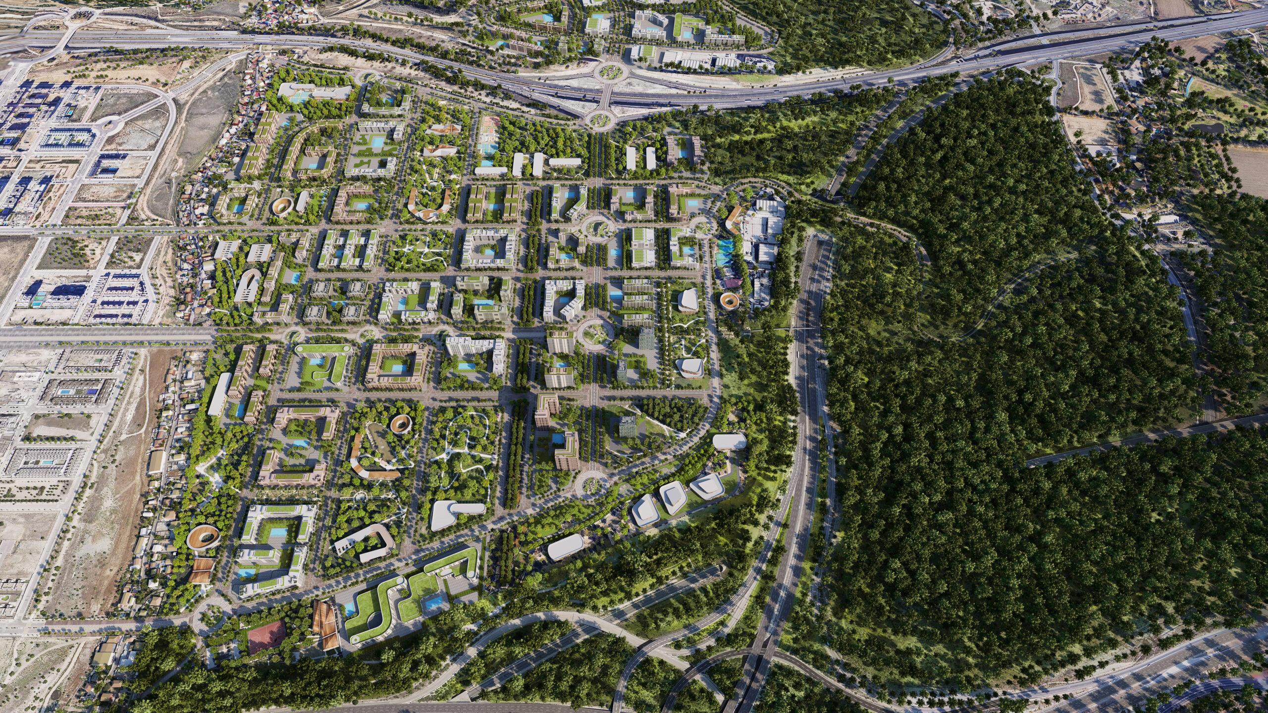 Vista aérea del desarrollo urbanístico de Los Cerros en Madrid con zonas residenciales y espacios verdes.