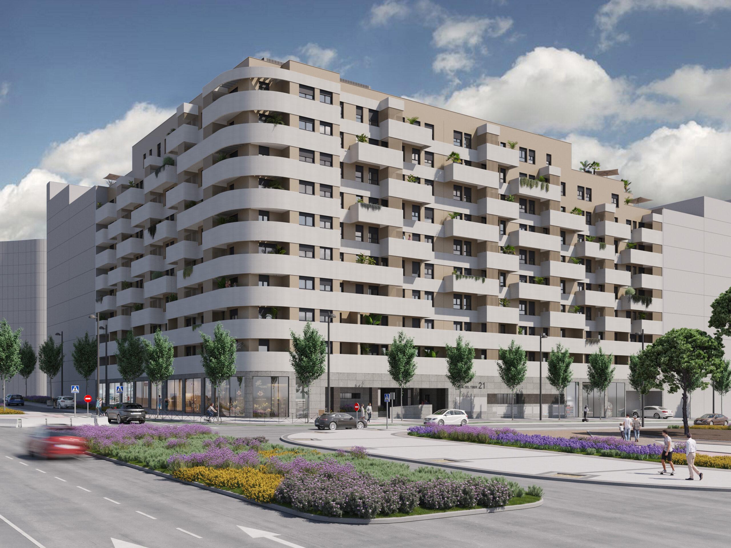 Fachada del Residencial TIBER, promoción de obra nueva del Grupo VÍA CÉLERE en Los Cerros