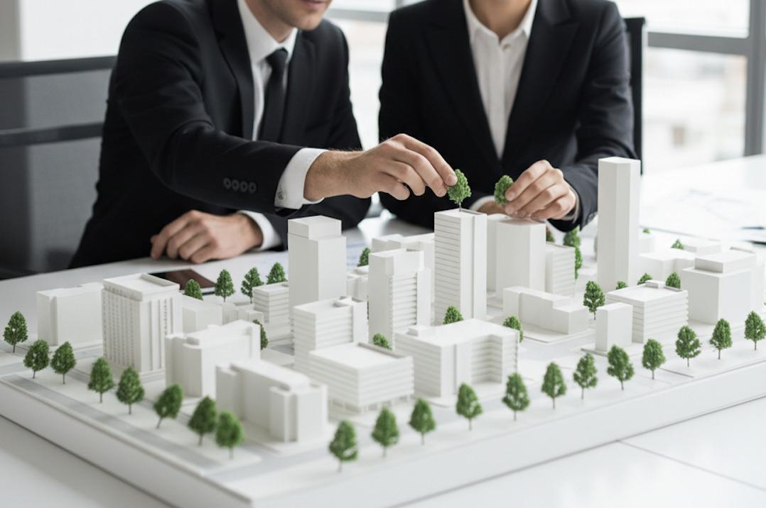 Maqueta urbana con edificios y árboles siendo ajustados por dos personas.