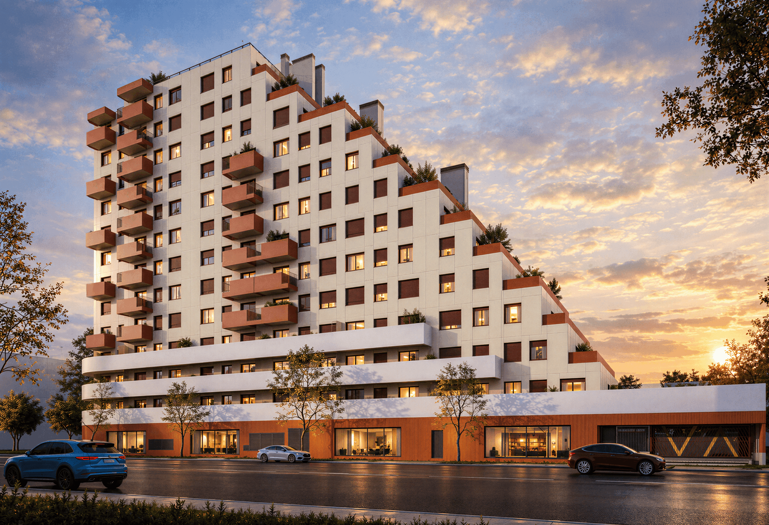 Fachada del Residencial FORTUNA, promoción de obra nueva del Grupo VÍA CÉLERE en Los Cerros