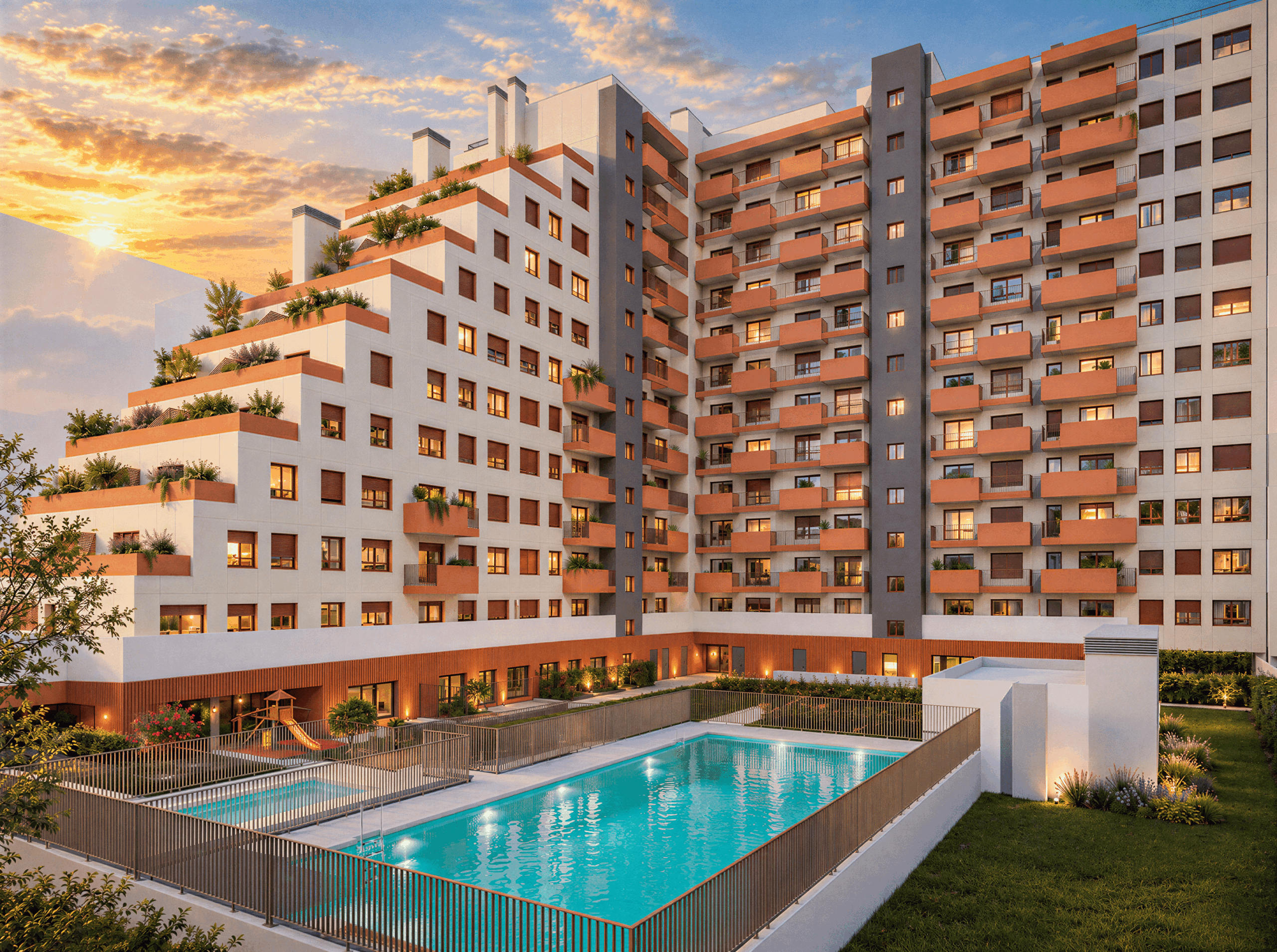 Fachada del Residencial FORTUNA, promoción de obra nueva del Grupo VÍA CÉLERE en Los Cerros