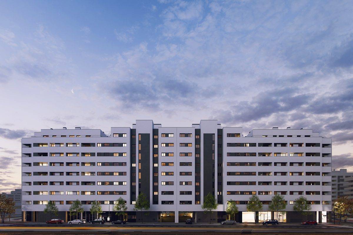 Fachada de Residencial Alyssa, un proyecto de viviendas de 1, 2 y 3 dormitorios de Metrovacesa en Los Cerros, Madrid