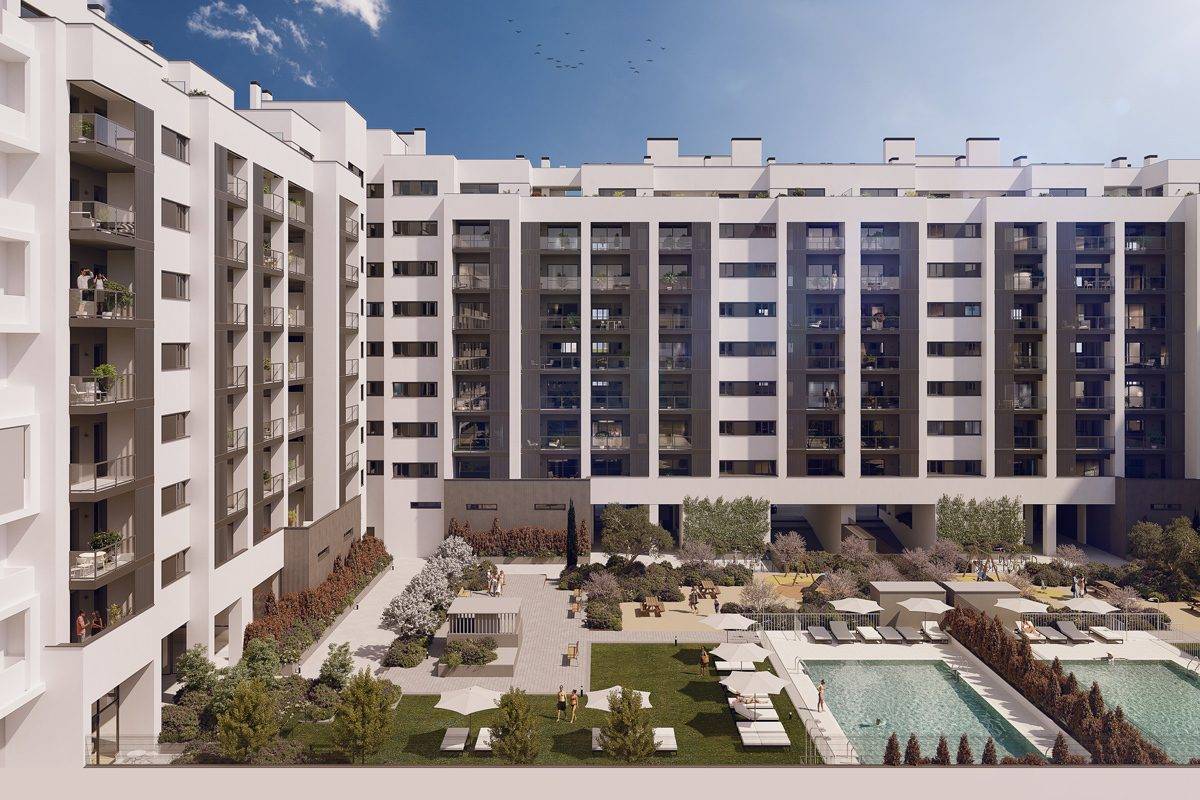 Fachada de Residencial Alyssa, un proyecto de viviendas de 1, 2 y 3 dormitorios de Metrovacesa en Los Cerros, Madrid
