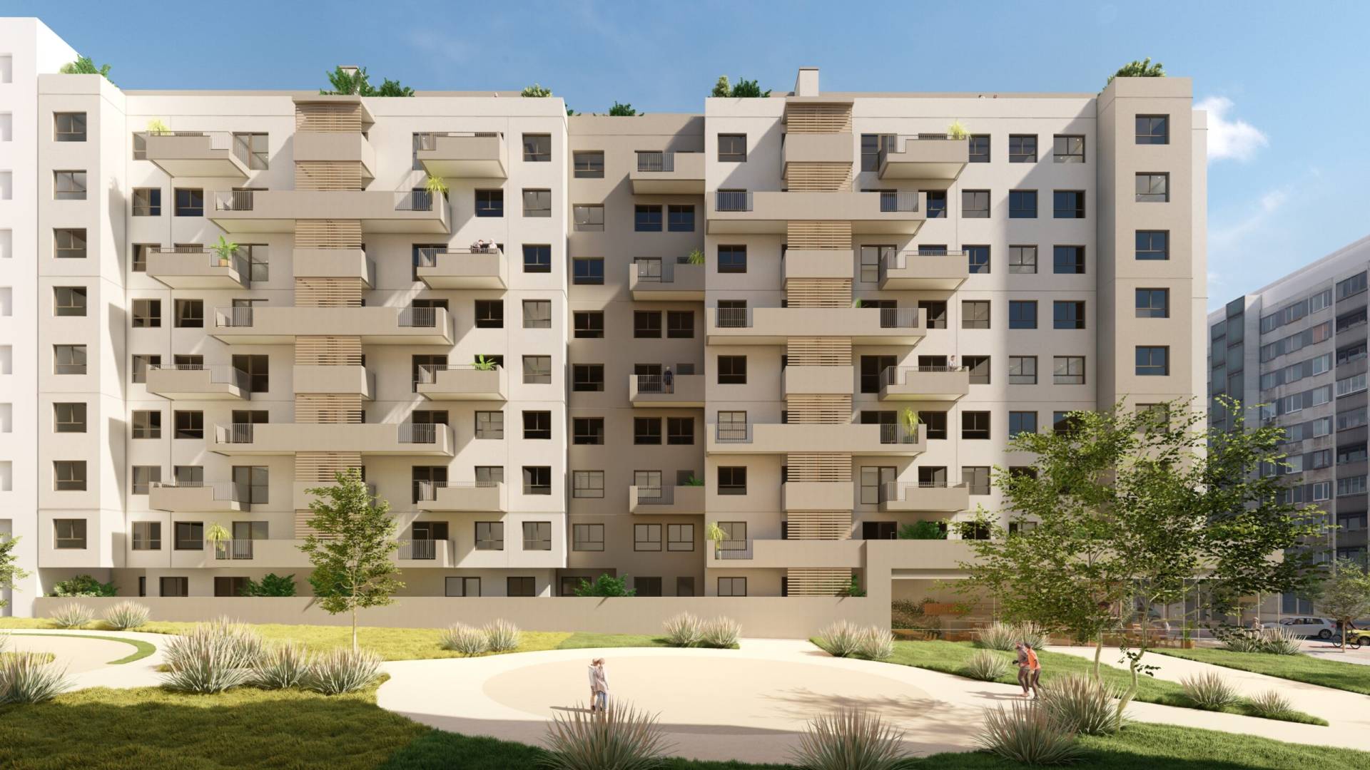 Fachada sur de la promoción de obra nueva de IBOSA en Madrid
