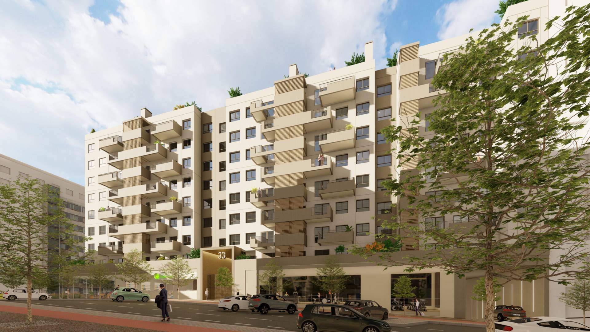 Alzado este de la promoción de obra nueva de IBOSA en Madrid