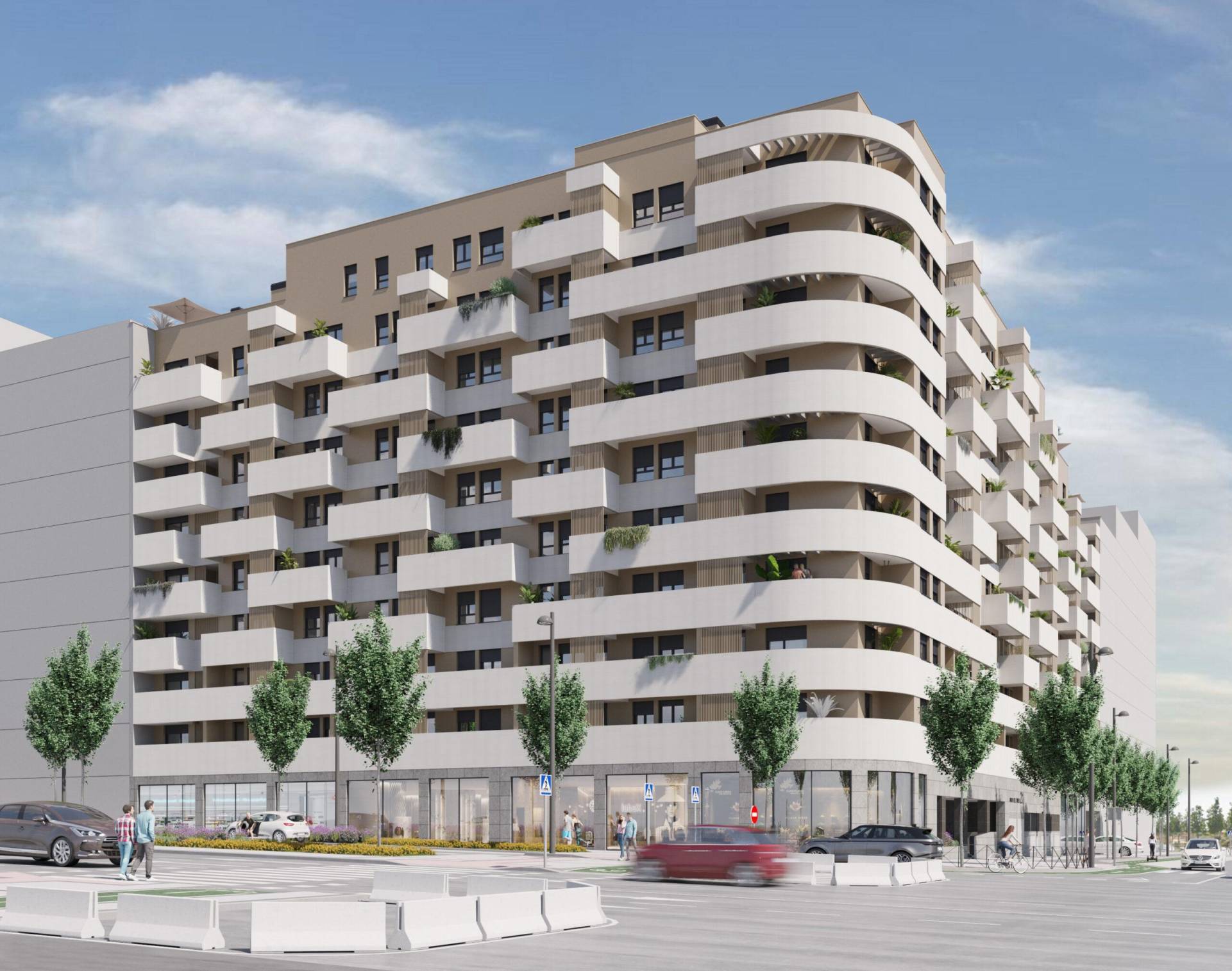 Fachada del Residencial TIBER, promoción de obra nueva del Grupo VÍA CÉLERE en Los Cerros