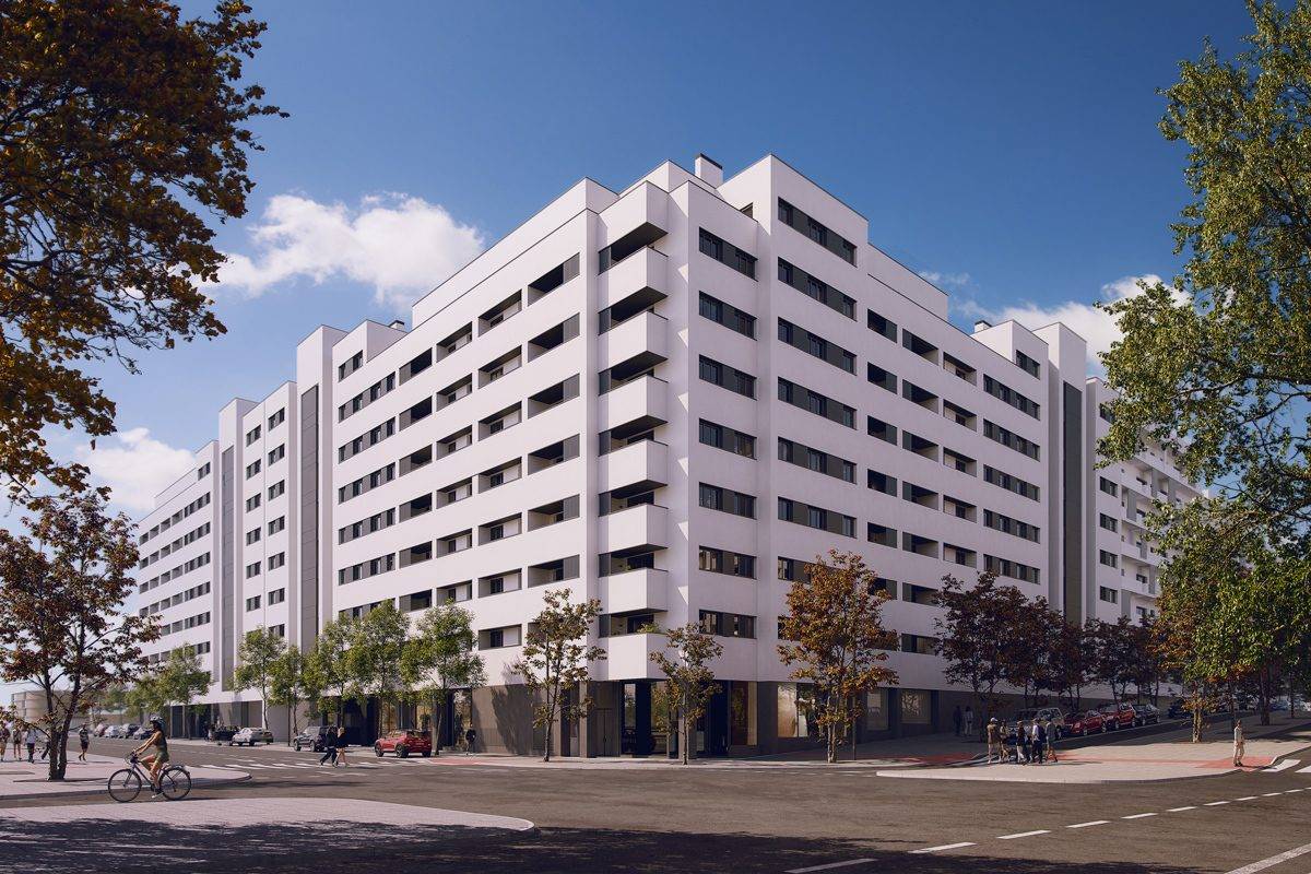 Fachada de Residencial Alyssa, un proyecto de viviendas de 1, 2 y 3 dormitorios de Metrovacesa en Los Cerros, Madrid