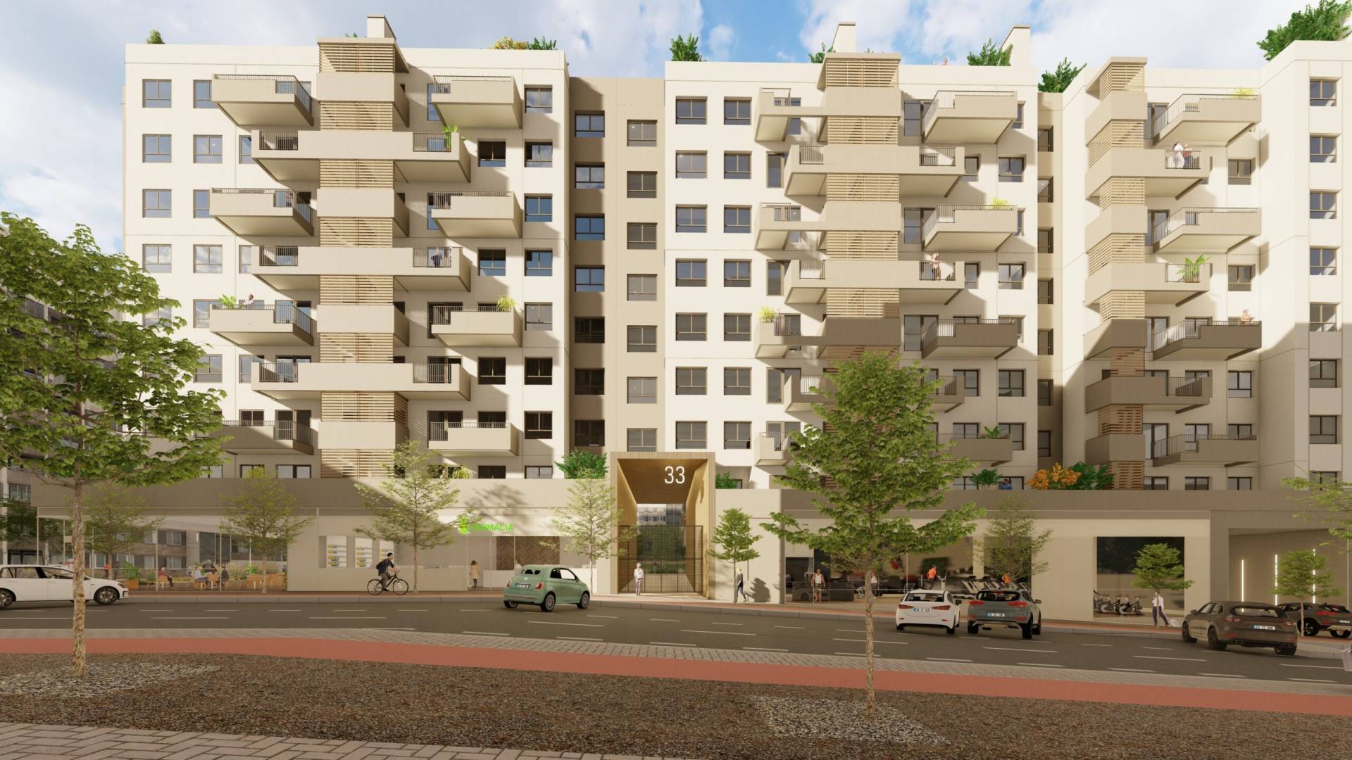Alzado este de la promoción de obra nueva de IBOSA en Madrid