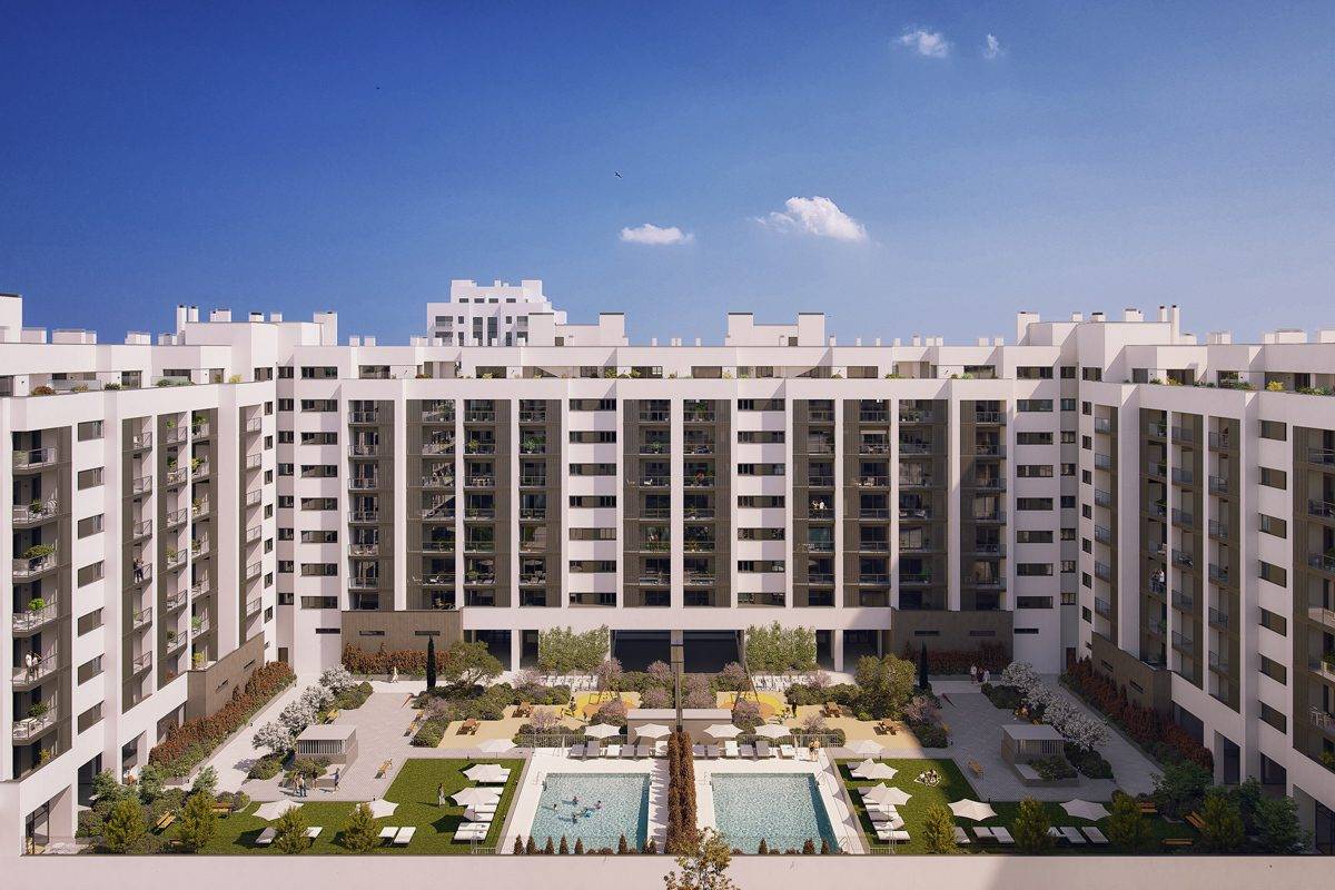 Fachada de Residencial Alyssa, un proyecto de viviendas de 1, 2 y 3 dormitorios de Metrovacesa en Los Cerros, Madrid