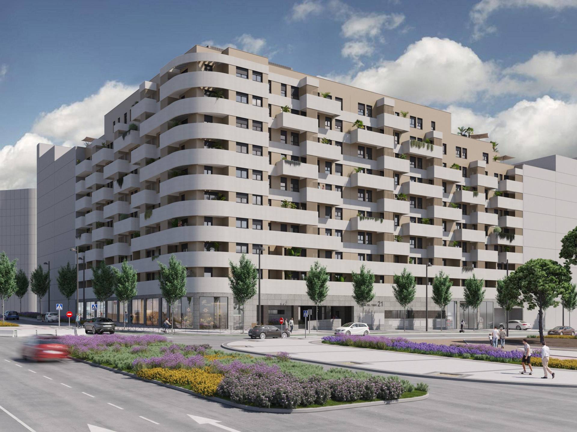 Fachada del Residencial TIBER, promoción de obra nueva del Grupo VÍA CÉLERE en Los Cerros